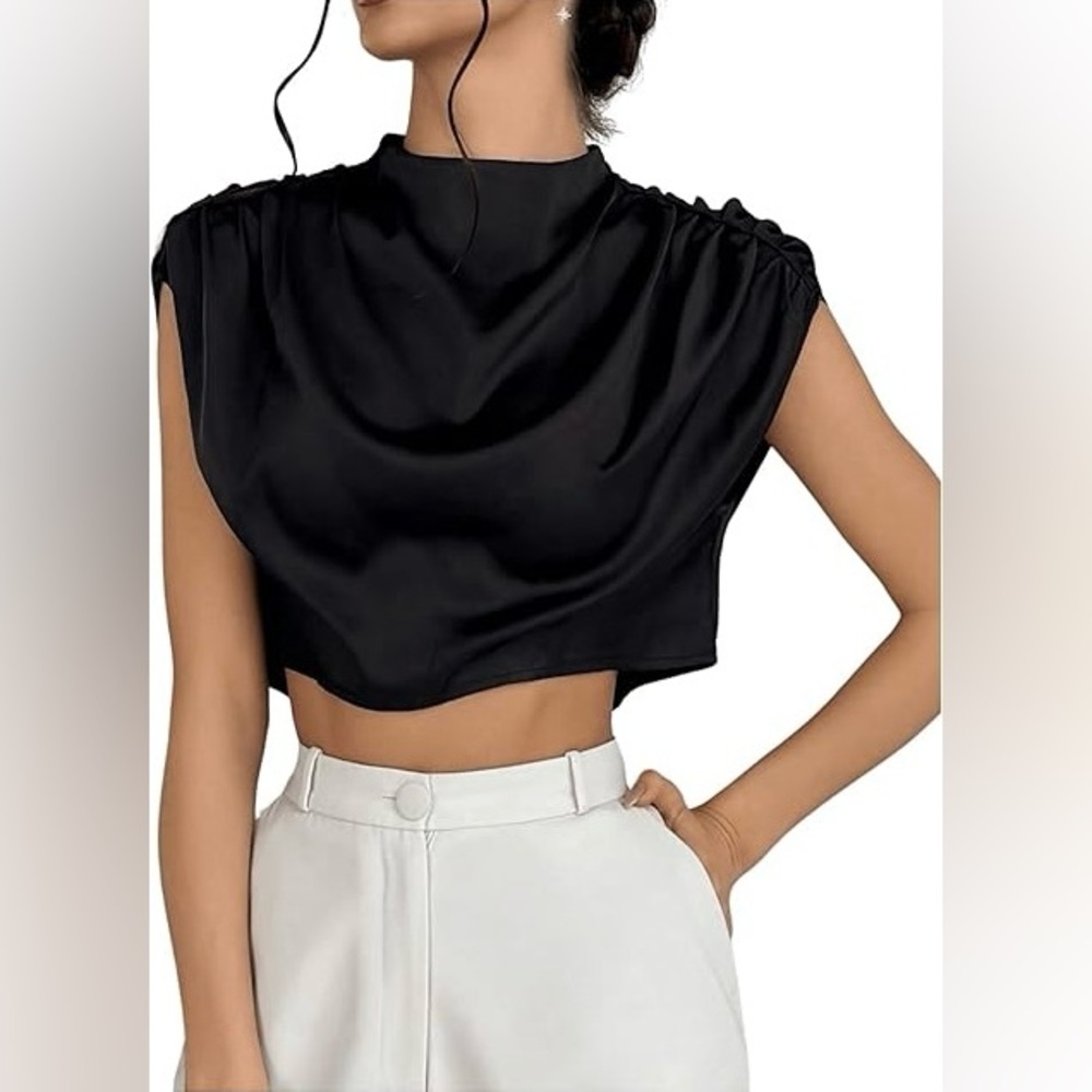 Black Stand Collar Blouse With Pleats Size 4